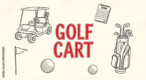 Golf cart with balls and clubs.