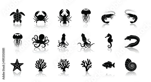 Black and white icons depicting various marine creatures and underwater elements