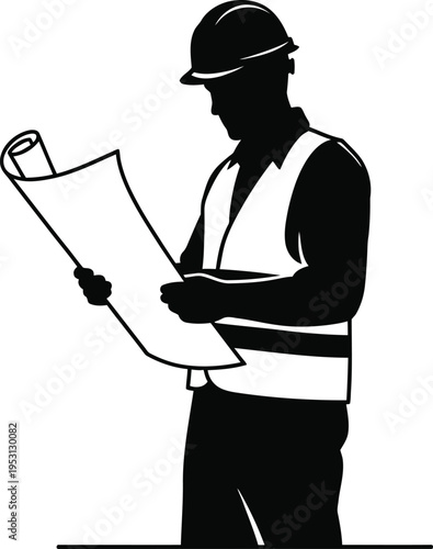 Vector silhouette of a construction worker reviewing blueprints