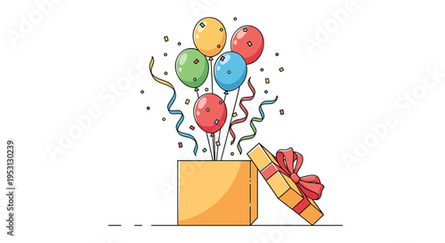 Vector illustration of gift box with colorful balloons and confetti