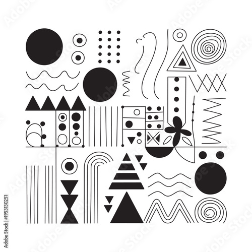 Abstract black and white geometric shapes and lines create a playful composition