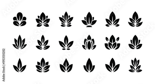 Collection of stylized black leaf icons arranged in a grid pattern