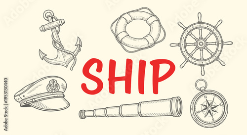 Nautical icons and ship wheel design.