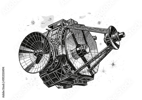 Detailed illustration of a complex satellite with large dish antennas in outer space
