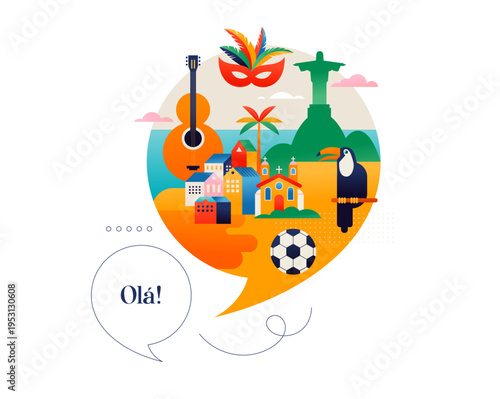Viva Brazil colorful background. Brazilian cultural symbols and icons, including carnival mask, guitar, Christ the Redeemer, football and toucan