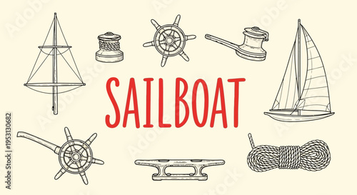 Sailboat nautical icons and ship elements.