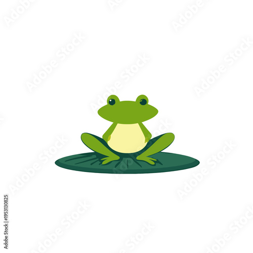Green frog sitting on a lily pad, cute cartoon amphibian character, simple illustration for childrens books, nature, and summer themes Concept of wildlife, pond life, and peacefulness