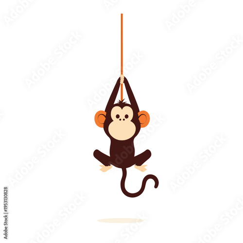Cute cartoon monkey hanging from orange rope, swinging playfully in a jungle setting Concept of fun, adventure, and childhood innocence