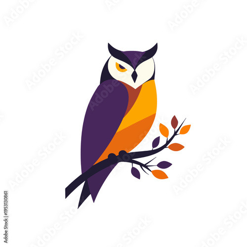 Stylized owl perched on branch with autumn leaves, graphic illustration of wisdom, knowledge, and nocturnal nature Minimalist design with vibrant colors