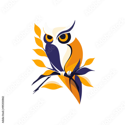Stylized owl perched on branch with autumn leaves, graphic illustration of wisdom, knowledge, and nature Modern, minimalist, and artistic representation of a nocturnal bird