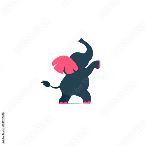 Dark blue elephant with pink ears dancing joyfully, raising trunk and one leg, isolated on white background Concept of celebration, happiness, and playful movement
