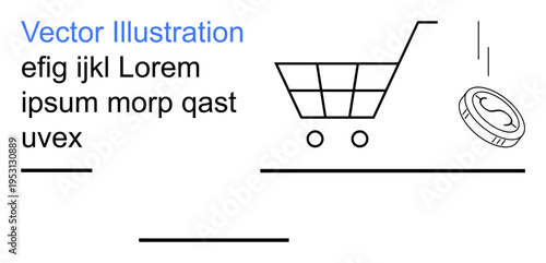 E-commerce, online shopping, digital currency, finance, business strategy, retail marketing. Shopping cart with a coin and placeholder text. E-commerce and online shopping visual concept