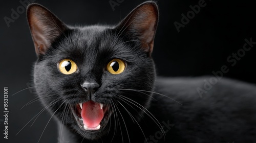 Black cat with bright yellow eyes roars fiercely against a dark background. Its mouth is open, showing sharp teeth and pink tongue. The intense stare and raised fur suggest aggression or fear