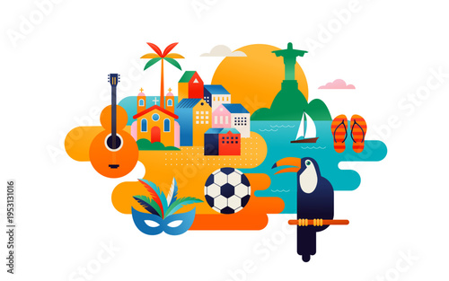 Viva Brazil colorful background. Brazilian cultural symbols and icons, including carnival mask, guitar, Christ the Redeemer, football and toucan