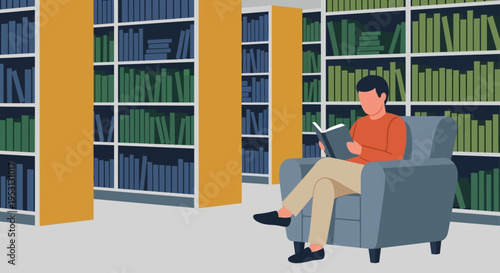 Man reading a book in a library chair, surrounded by shelves filled with books, showcasing a quiet and intellectual environment