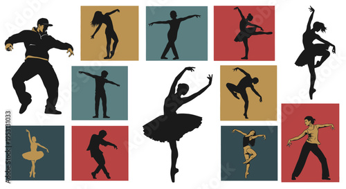 Diverse dance poses depicted as silhouette art on a colorful backdrop, showcasing ballet and hip-hop movements