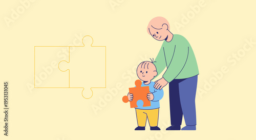 Father and child with a puzzle piece, symbolizing connection and learning together, a metaphor for family bonding