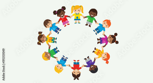 Diverse children holding hands in a circle, symbolizing unity and global friendship
