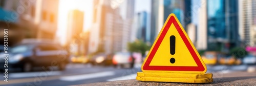 Caution sign stands on the road in a bustling city to alert drivers and pedestrians about potential hazards while cars move in the background.