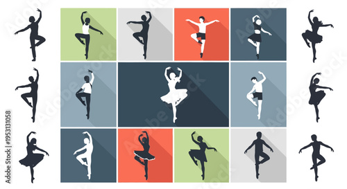 Collection of Ballet Dancer Silhouettes in Various Poses with Shadows