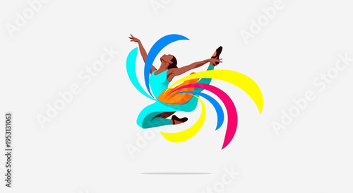 Dynamic dancer mid-air with colorful swirling ribbons representing energy and movement