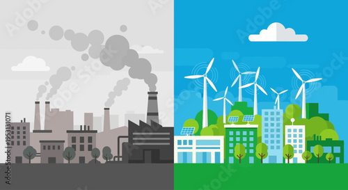 Contrasting Industrial Pollution with Sustainable Green City Development and Renewable Energy Sources