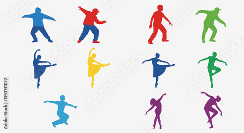 Collection of diverse silhouettes of people engaged in various dynamic activities and expressive dance poses, set against a clean background