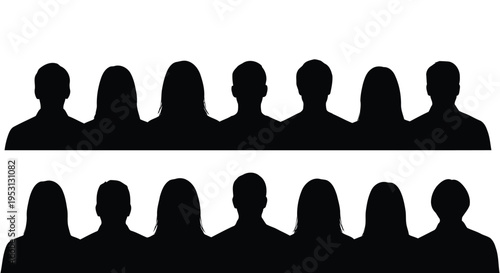 Two rows of silhouetted figures standing side by side in a uniform formation