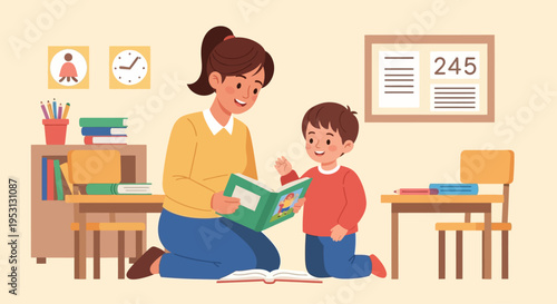 A smiling mother reads a book to her young son in a classroom setting, highlighting early education and childhood development