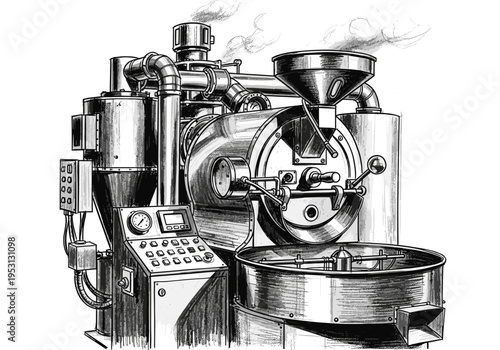 Industrial coffee roasting machine with control panel and smoke emitting from exhaust