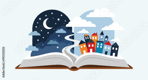 An open book unfolds a magical world with a winding road leading from a starry night to a charming village under a bright sky