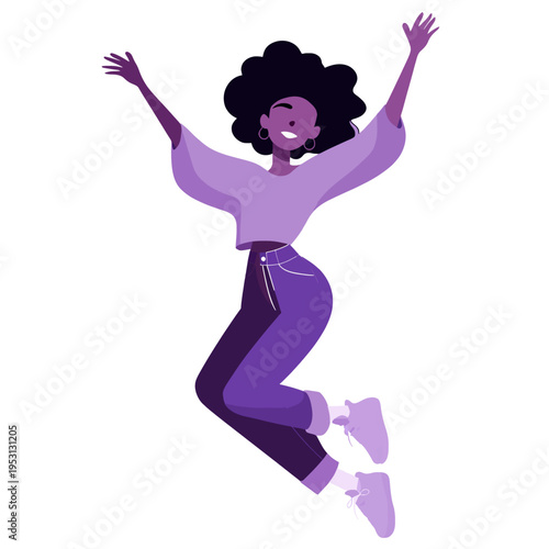African American woman jumping for joy, celebrating success and freedom with arms raised in a dynamic pose Concept of happiness, achievement, and energetic movement