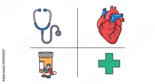 Medical health icons representing cardiology, pharmacy, and emergency care, depicting the symbols of healthcare services and well-being