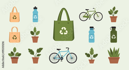 Illustration of eco-friendly lifestyle products including reusable bags, water bottles, potted plants, and bicycles on a light background