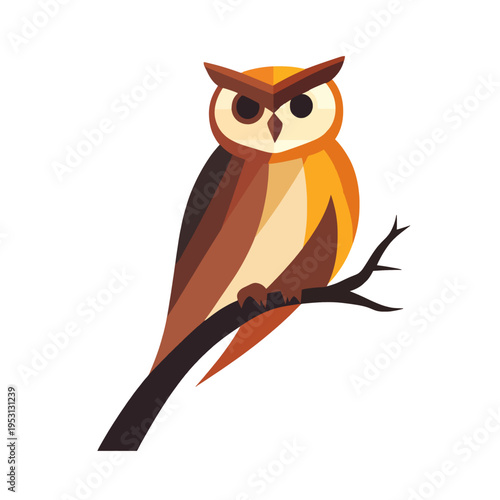 Geometric owl perched on branch, stylized illustration of nocturnal bird with warm colors, concept of wisdom, nature, and night