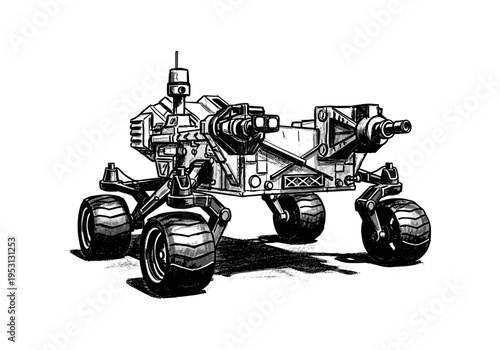 Detailed sketch of a futuristic six-wheeled rover with advanced scientific instruments for space exploration