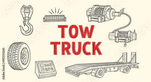 Tow truck vehicle transport equipment illustration.
