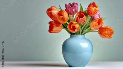 Vase holds bright tulips on plain background. Colors pop against soft blue wall. Fresh spring flowers bring cheerful mood. Ideal for greeting cards, home decor, or advertising