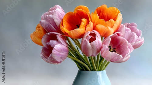 Vase holds bright orange and soft pink tulips. Flowers bloom in full, vivid colors. Green stems rise from pale blue ceramic vase. Background is blurred, soft gray tone. Ideal for spring, home decor
