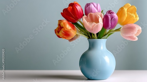 Blue vase holds colorful tulips against soft gray background. Bright red, yellow, pink, and purple blooms stand tall. Vase sits on clean white surface. Scene feels cheerful, fresh, and springlike