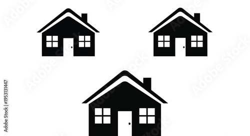 Three minimalist house icons arranged in a triangular formation on a plain background