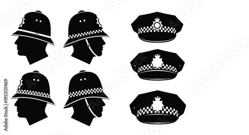 Variety of traditional police officer headgear designs in silhouette style.
