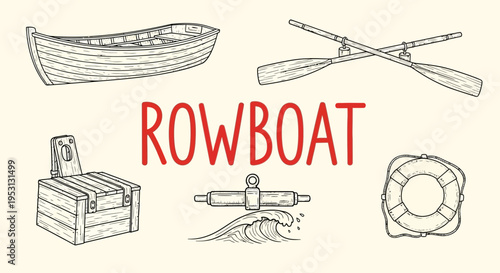 Vintage rowboat and nautical icons illustration.