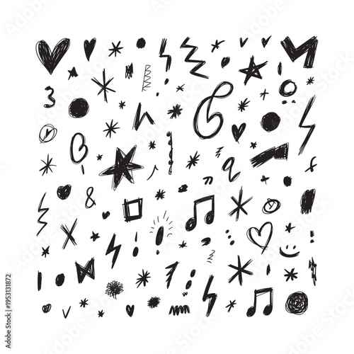 Whimsical black doodle collection featuring hearts stars and various abstract shapes