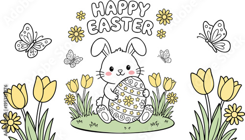 Cute bunny holding easter egg surrounded by tulips butterflies and flowers happy easter text