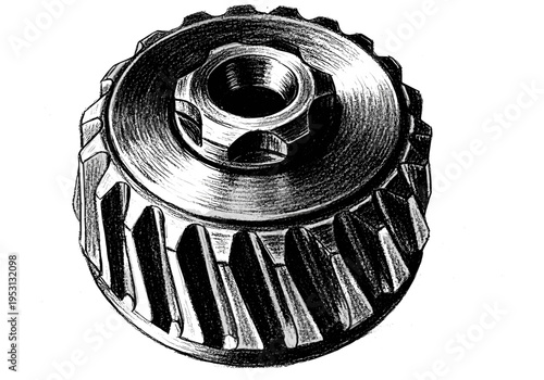 Detailed sketch of a metal bevel gear with a hexagonal recess in the center