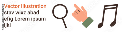 Online search, interaction, audio, education, discovery, multimedia design. Magnifying glass, hand gesture and music note icon. Online search and interaction concept