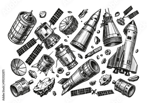 Collection of hand-drawn space objects including rockets, satellites, and asteroids in a sketch style