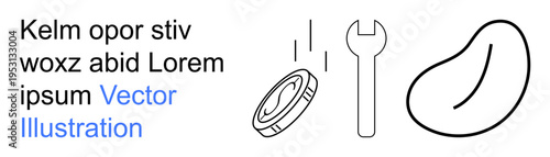 Financial literacy, tools, abstract design, minimalism, repair, organization. Coin, wrench and bean shape drawn in black outline. Financial literacy and tools