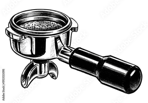 Espresso machine portafilter with ground coffee, black and white sketch illustration